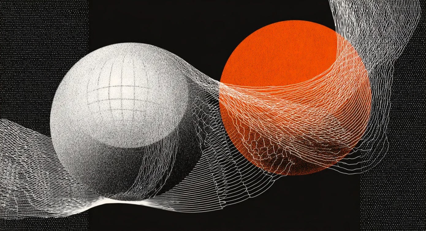 Two spheres in dialogue: a white wireframe globe intersecting an orange sphere on a black ground.